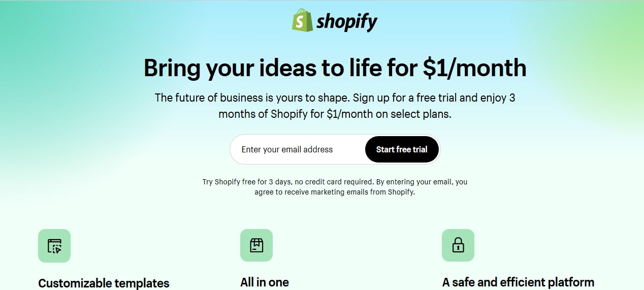 Shopify website screenshoot.