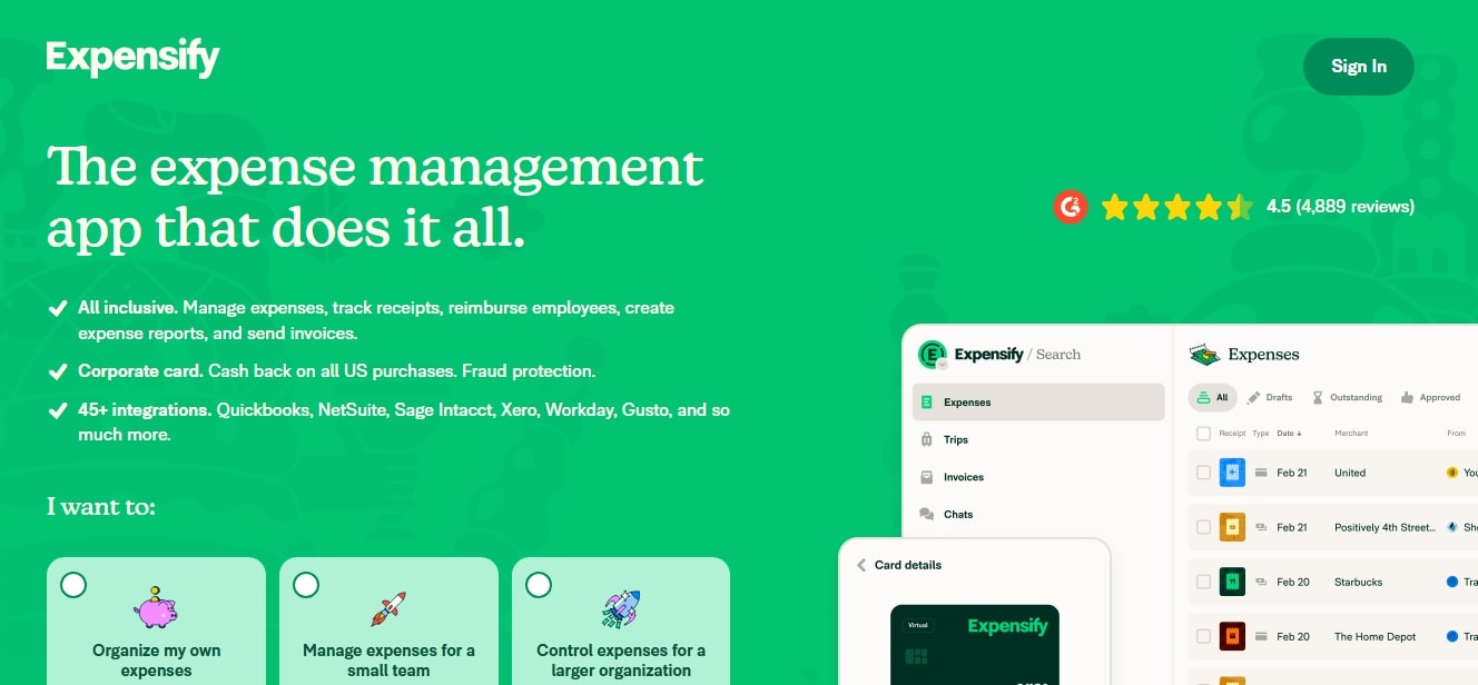 Expensify website screenshoot.